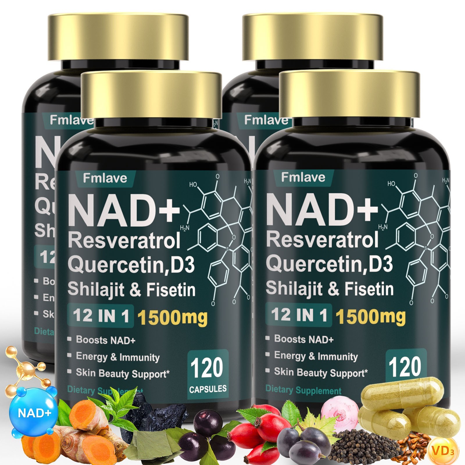 4x NAD+ Supplement 1500mg with Resveratrol | Cellular Health & Energy | 480 Caps