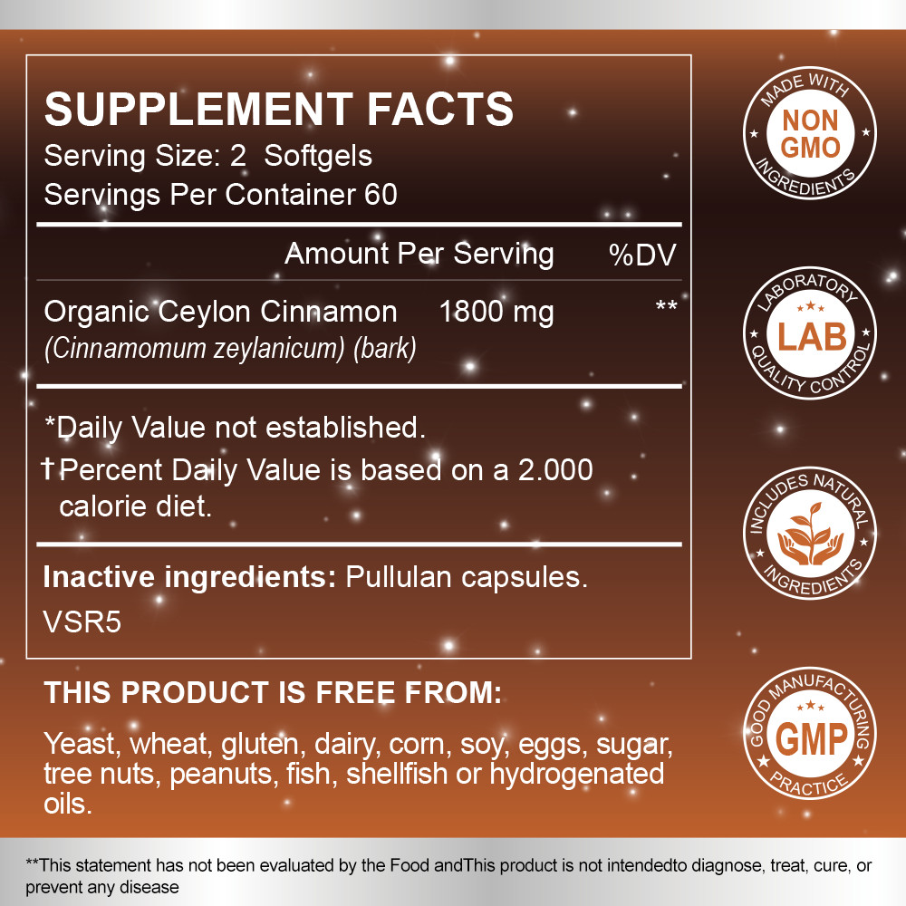Pure Cinnamon Capsules, True Sri Lanka Certified Organic Ceylon Cinnamon 240ct