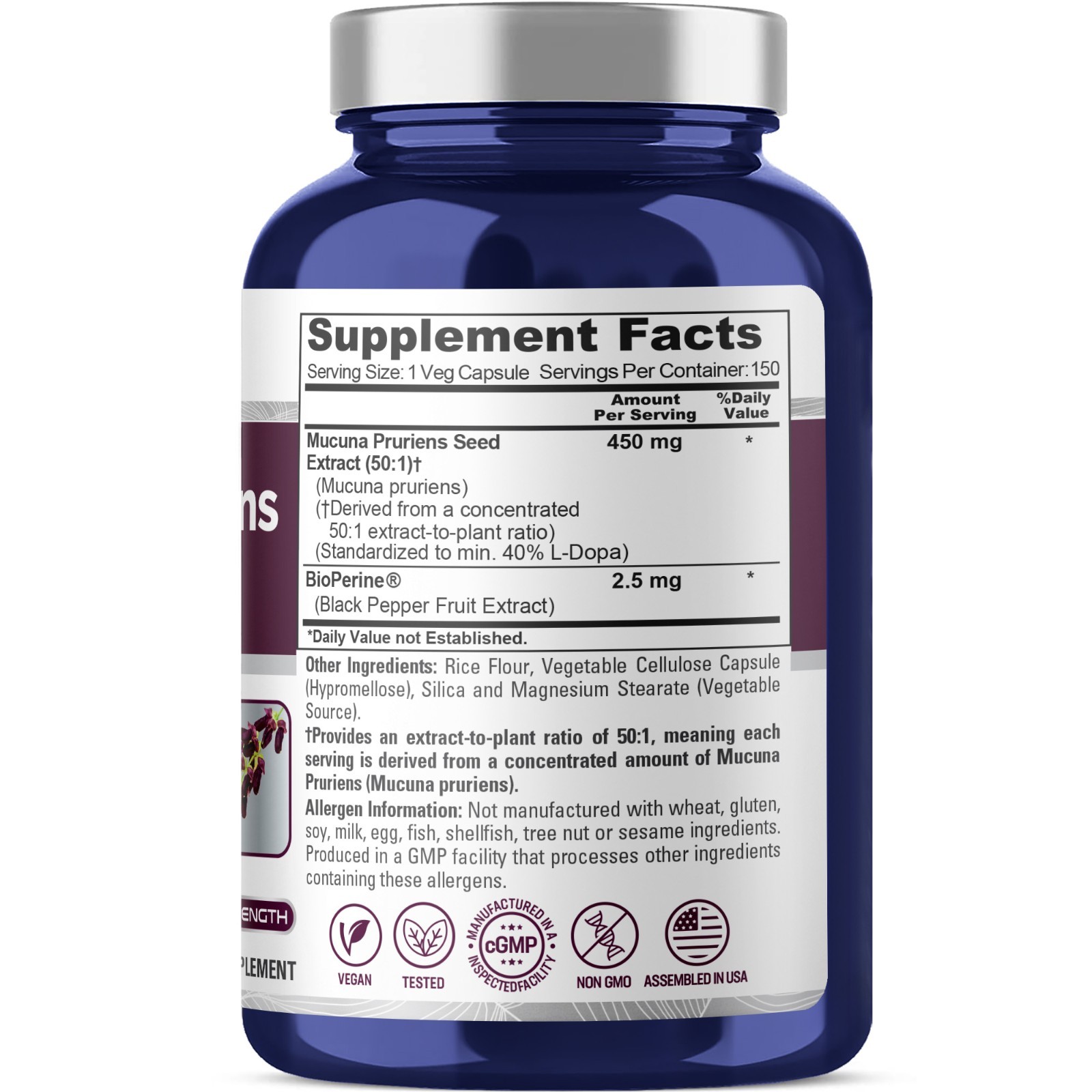 NusaPure Mucuna Pruriens 22500mg 150 Veggie Caps Non-GMO, Vegan