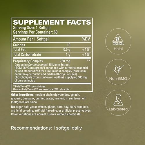 Curcumin 750mg Softgels High Potency BCM-95 Turmeric Extract 60 Count for Brain