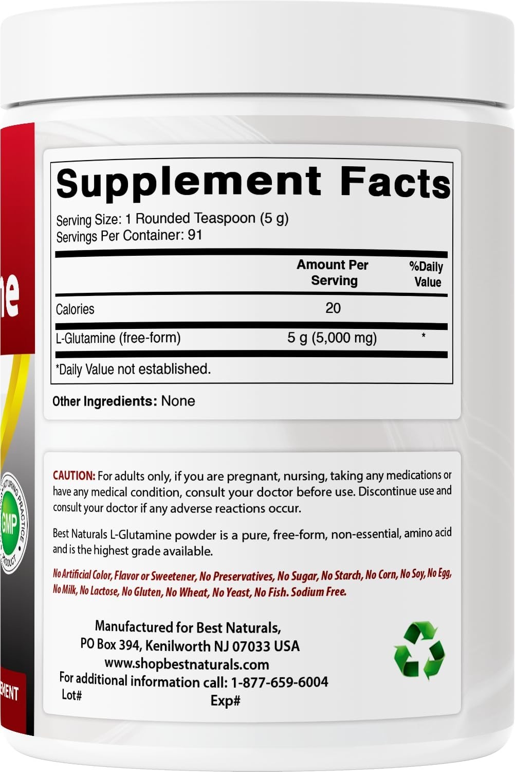 100% Pure L-Glutamine Powder 1lb – Free Form Amino Acid for Muscle Recovery