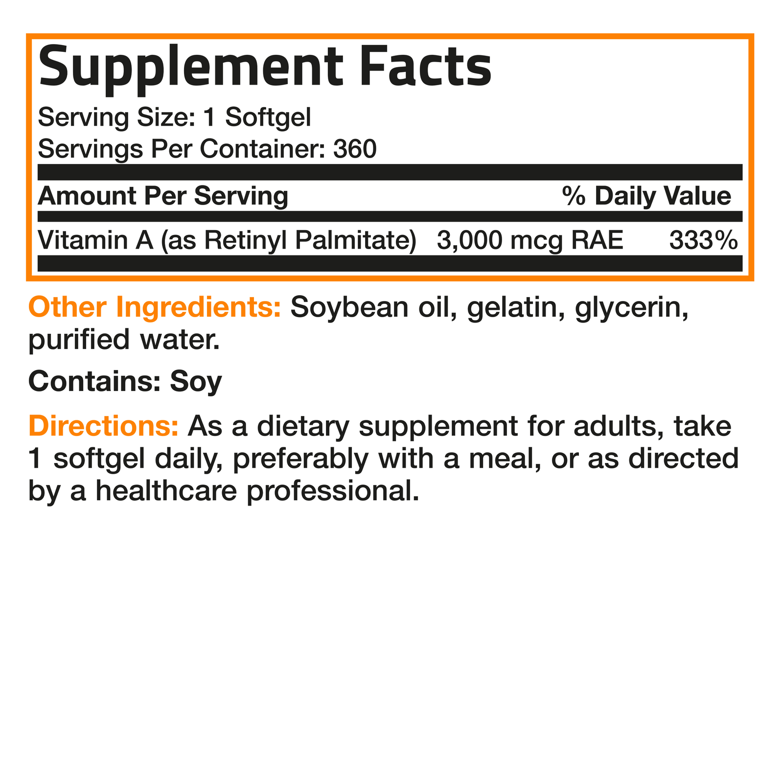 Bronson VITAMIN A 10,000 IU Premium Non-GMO Healthy Vision, 360 Softgels