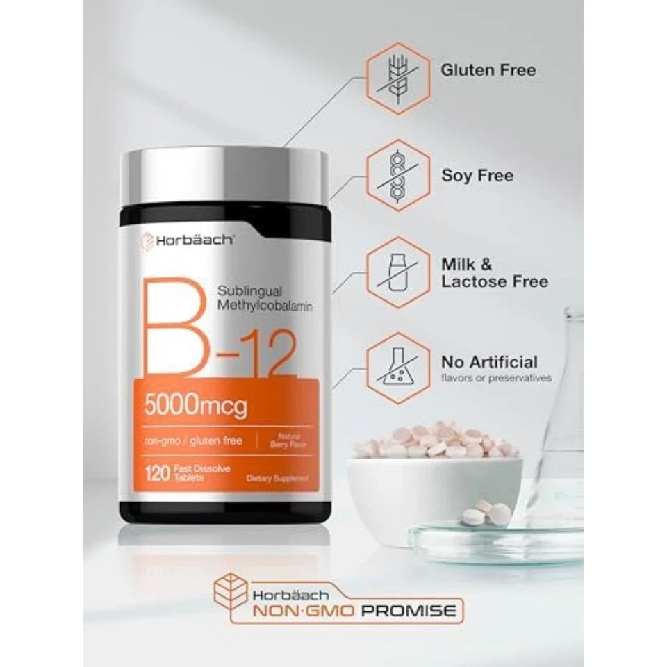Horbaach Vitamin B12 5000mcg 120 Fast Dissolve Tablets Berry Vegan Non GMO
