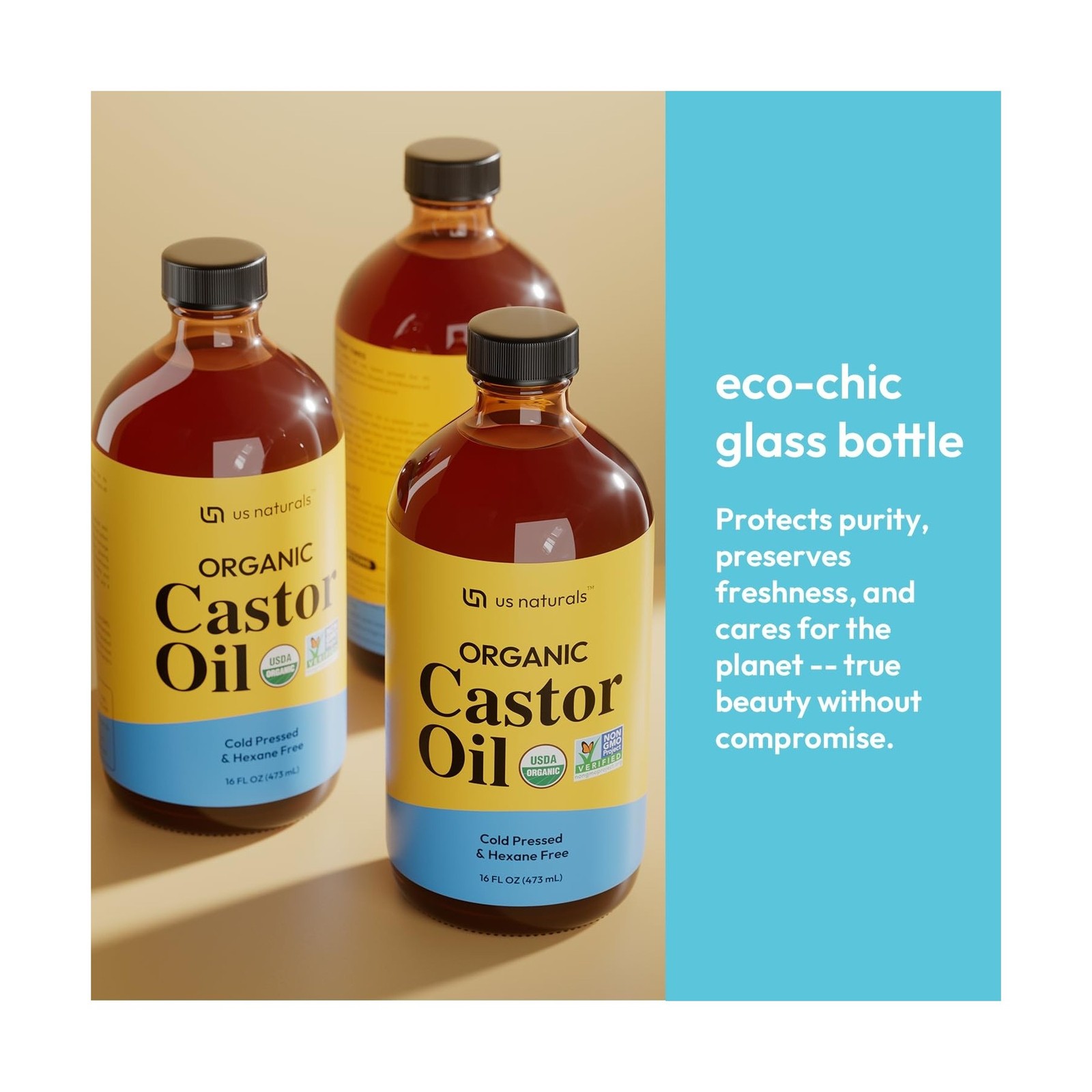 Us Naturals 16oz Organic Castor Oil – Glass Bottle – USDA Certi… F