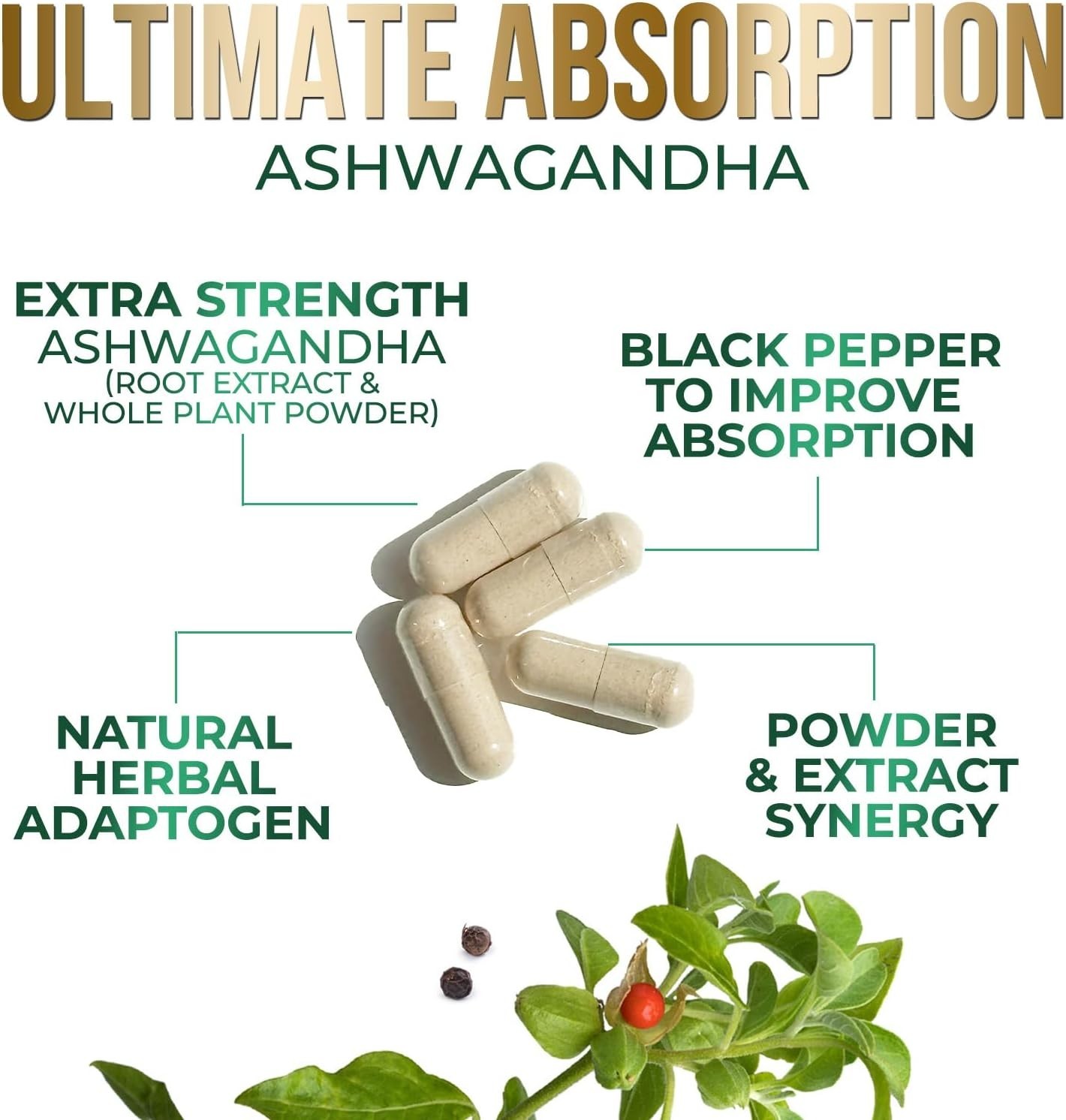 Organic Ashwagandha 2100mg, 60 Capsules w/ Black Pepper Root Supplement