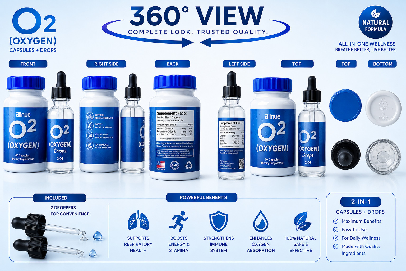 O2 Oxygen Capsules 60 Ct + Oxygen Drops 2 oz Bundle Wellness Supplement Kit