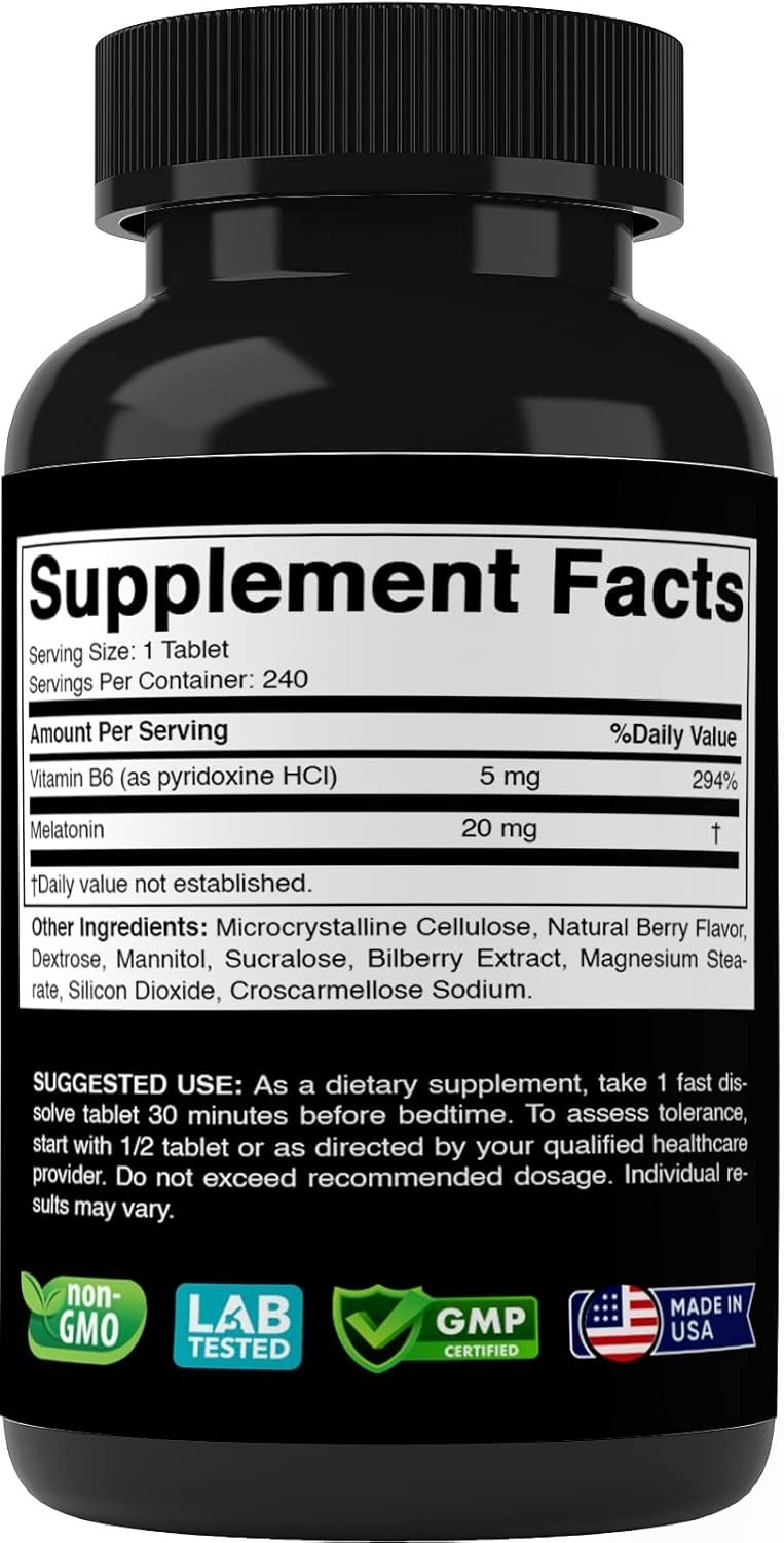 Melatonin 20mg High Potency Natural Sleep Aid Berry Flavor 240 Fast Dissolve TAB