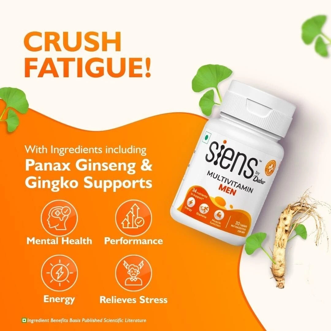 Siens By Dabur Multivitamin for Men 30 Tablets 34 Nutrients for Health Energy g6