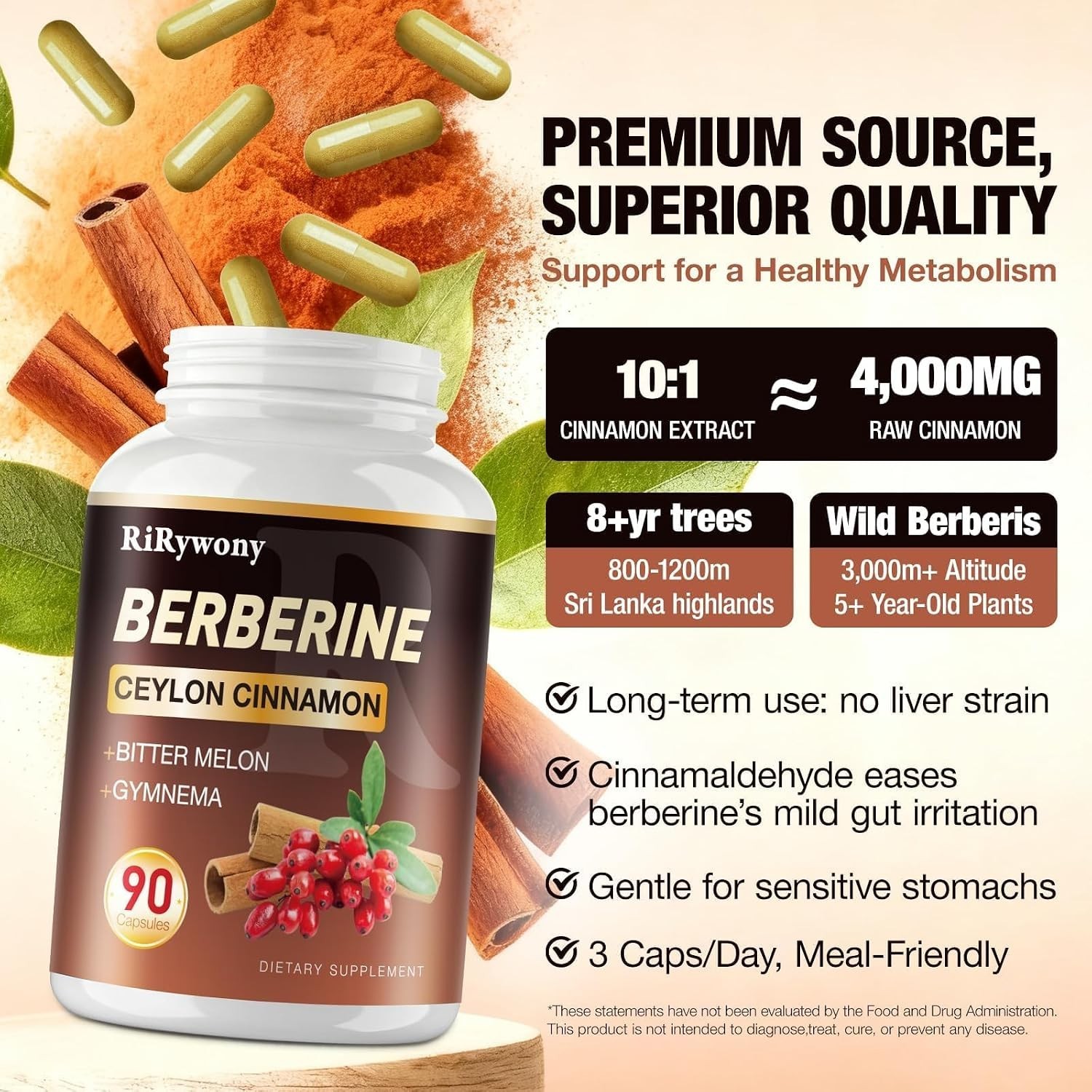Berberine Supplement, Berberine with Ceylon Cinnamon Bitter Melon and Gymnama…