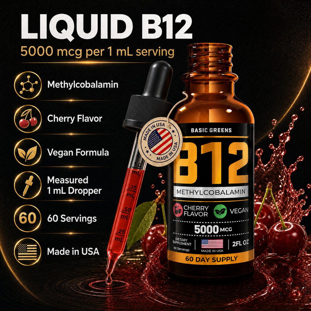 BASIC GREENS B12 Liquid Drops 5000mcg Sublingual Methylcobalamin Vegan 2oz