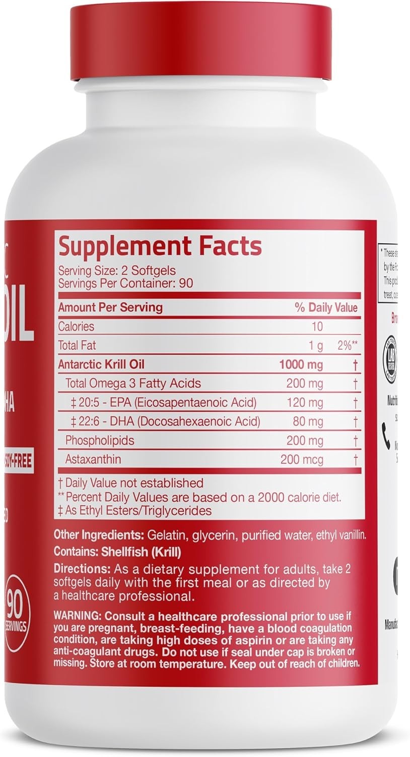1000 mg Antarctic Krill Oil with Astaxanthin, 180 Softgels – Non-GMO & Soy Free