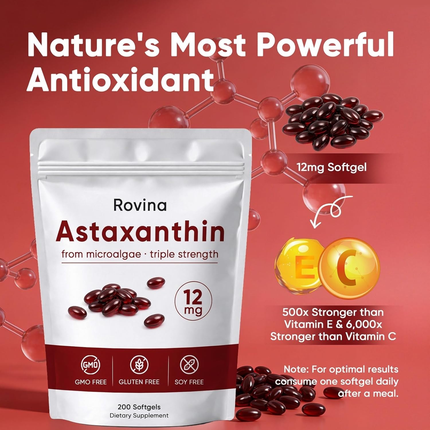 Rovina Astaxanthin, Baleno Astaxanthin 12Mg Antioxidant Supplement for Daily Wel