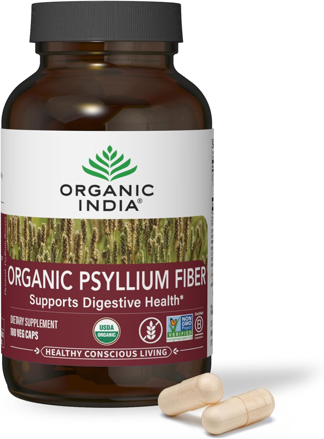 ORGANIC INDIA Psyllium Husk Capsules – Fiber Supplement, Healthy Elimination – V