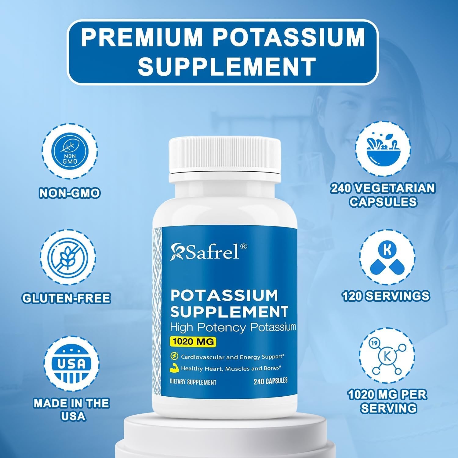 High Potency Potassium Supplement 1020 mg, 240 Vegetarian Capsules, Gluten-Free