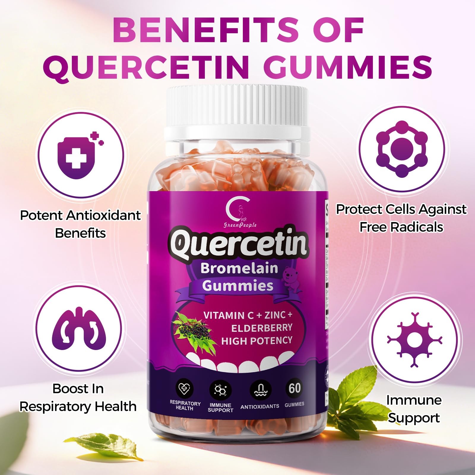 Quercetin Gummies, Quercetin with Bromelain, Vitamin C, Zinc & Elderberry, Hi…