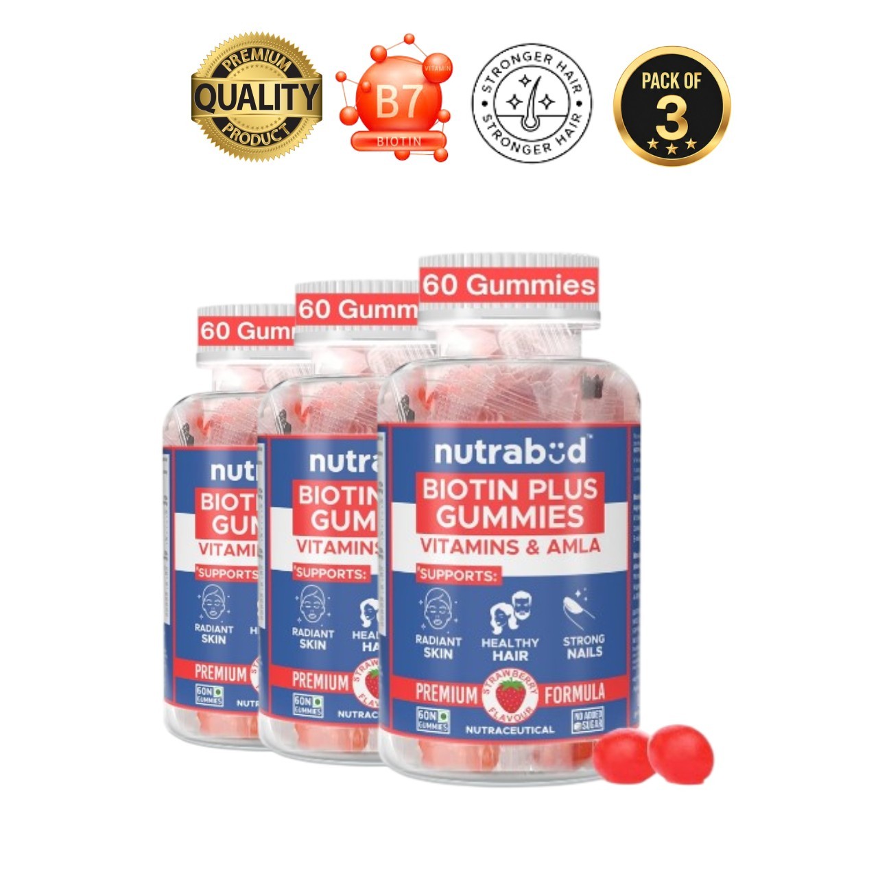 nutra.bud Biotin Hair Gummies 60 Count Pack of 3