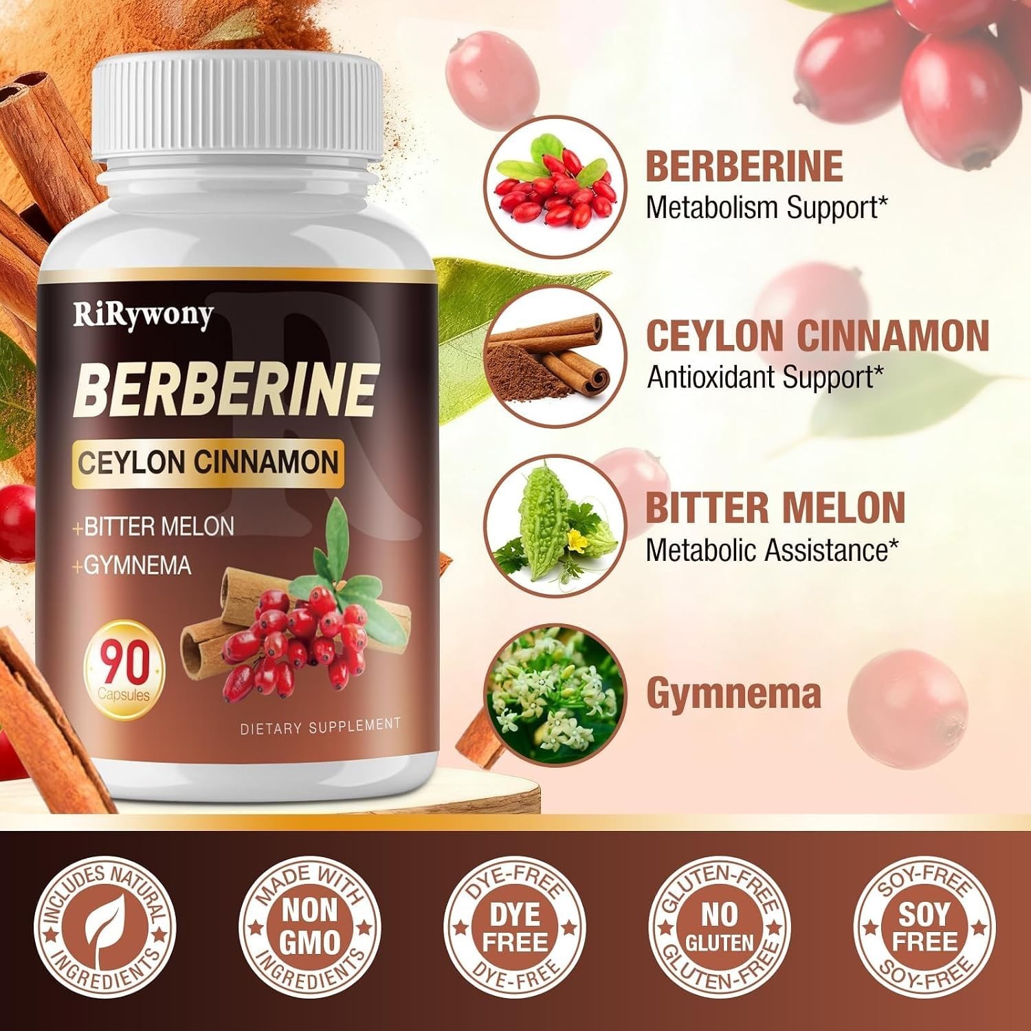 Berberine Supplement, Berberine with Ceylon Cinnamon Bitter Melon and Gymnama…
