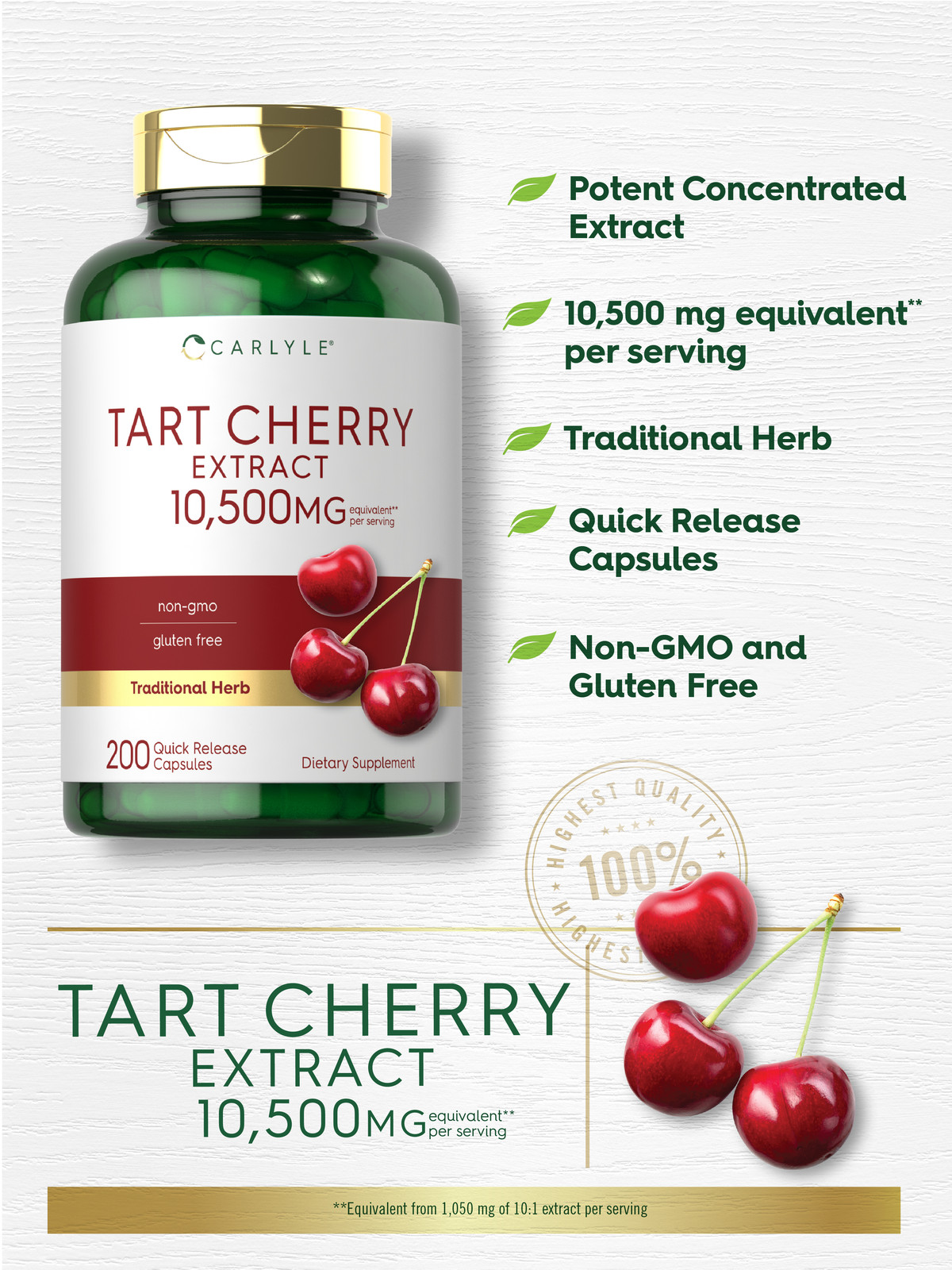 Tart Cherry Capsules 10,500mg | 200 Pills | Max Potency Extract | by Carlyle