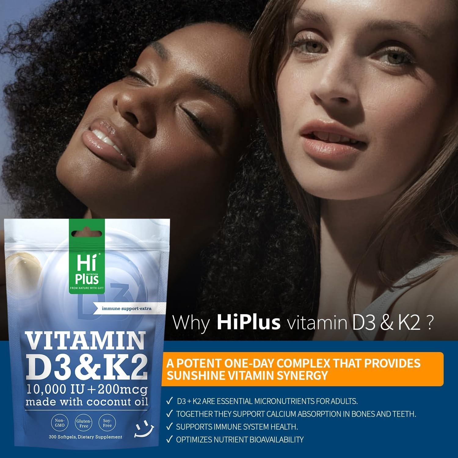 Hiplus Vitamin D3 10,000 Iu + K2 200 Mcg, 300 Softgels 300 Count (pack of 1)