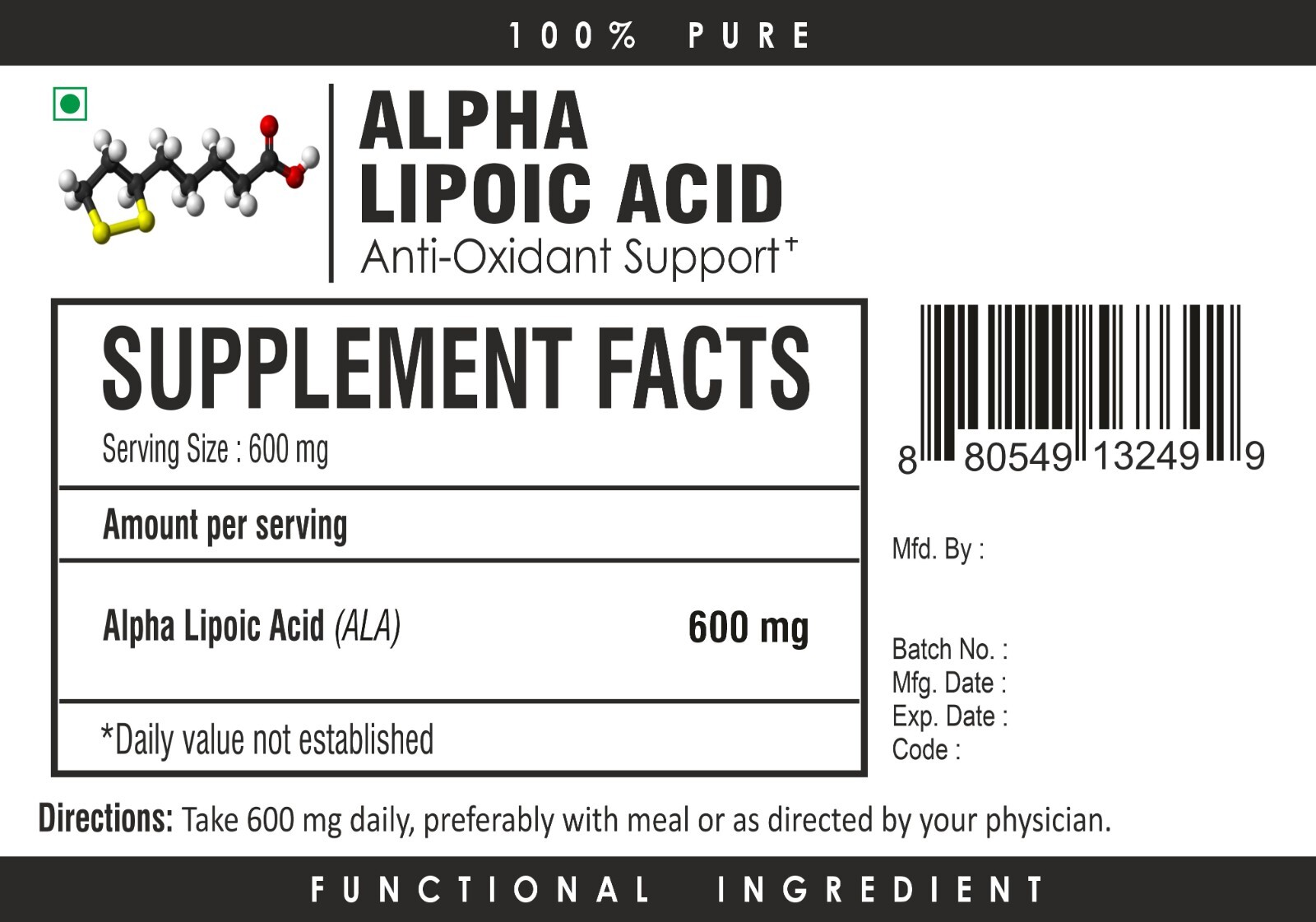 Alpha Lipoic Acid (ALA) Powder 99% Purity – 600mg per Serving – Antioxidants