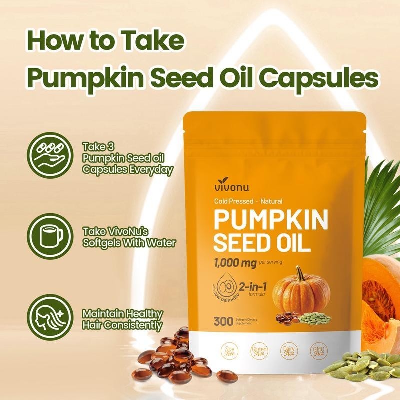 NEW LUXRY VIVONU Pumpkin Seed Oil 1000mg with Saw Palmetto 300 Softgels