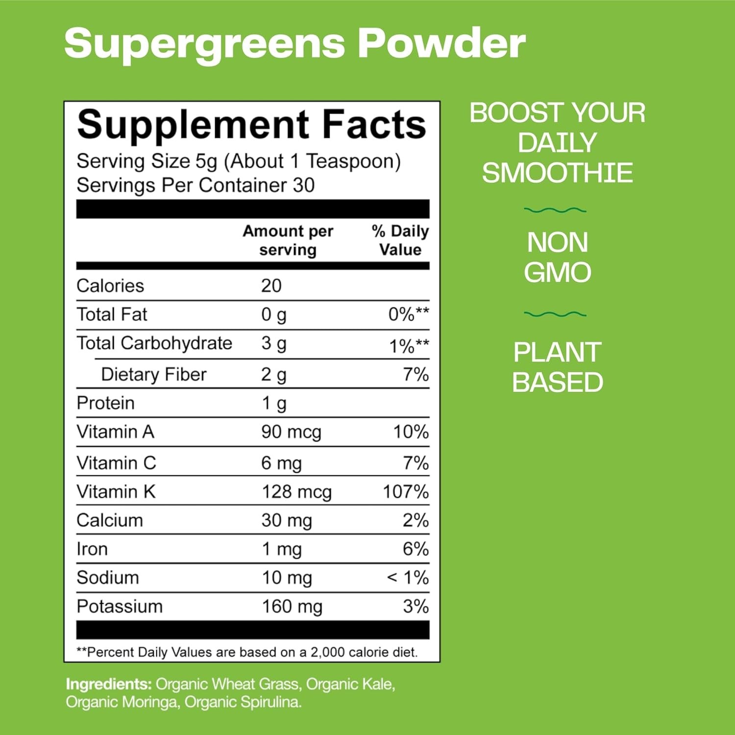 Nutrient-Packed Greens Powder with Spirulina & Wheat Grass – 5.29 Oz Canister