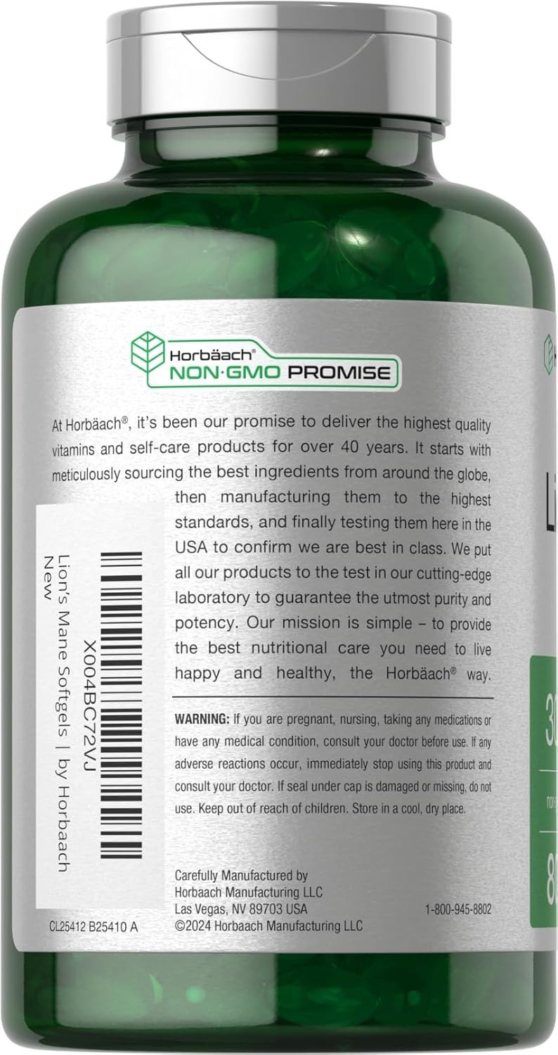 Lions Mane Mushroom 3000mg | 80 Softgels | Non-GMO & Gluten Free | by Horbaach
