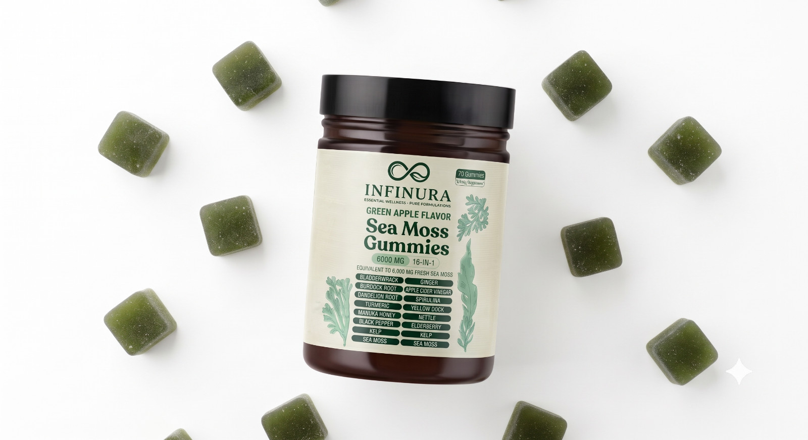 16-in-1 Irish Sea Moss Gummies 6000mg Green Apple Daily Wellness Supplement 30 C