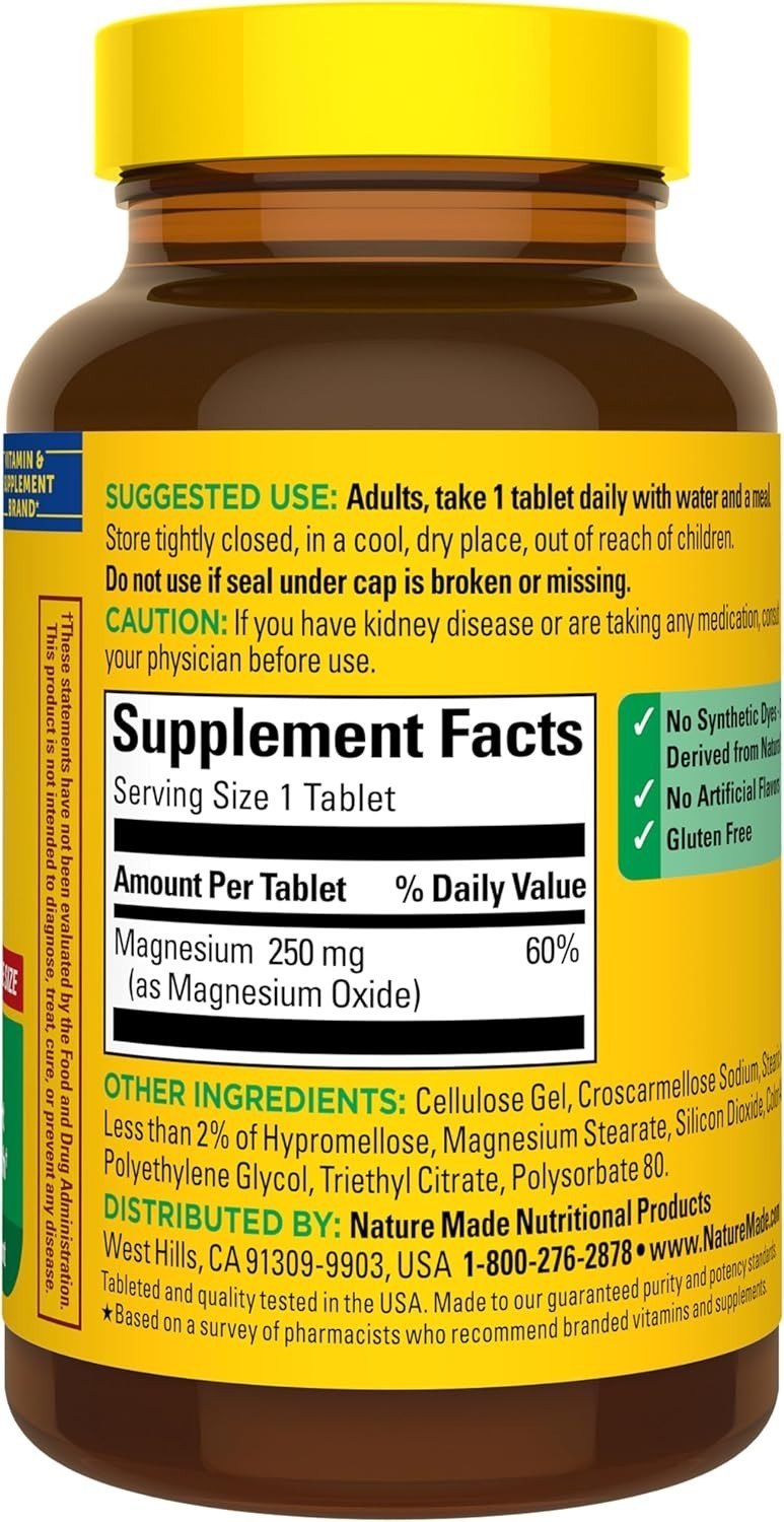 Nature Made Magnesium Oxide 250 mg, 100 Count (Pack of 1), No Color