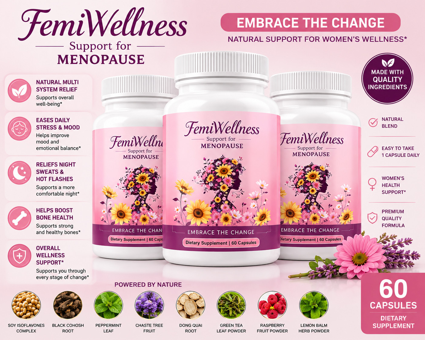 3 FemiWellness Menopause Support Supplement 60 Capsules Women’s Herbal Formula