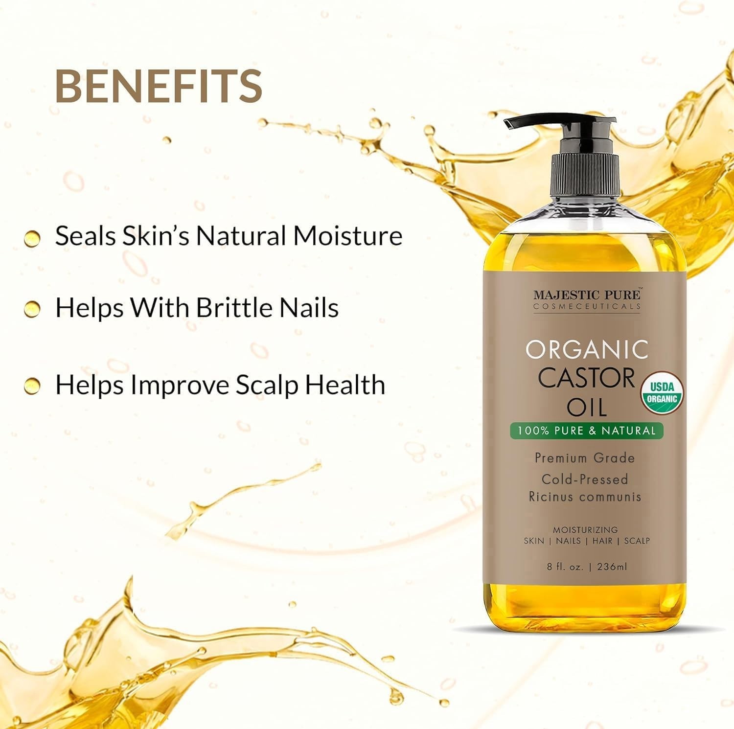 USDA Organic Castor Oil – 100% Pure, Cold Pressed, 8 Fl Oz