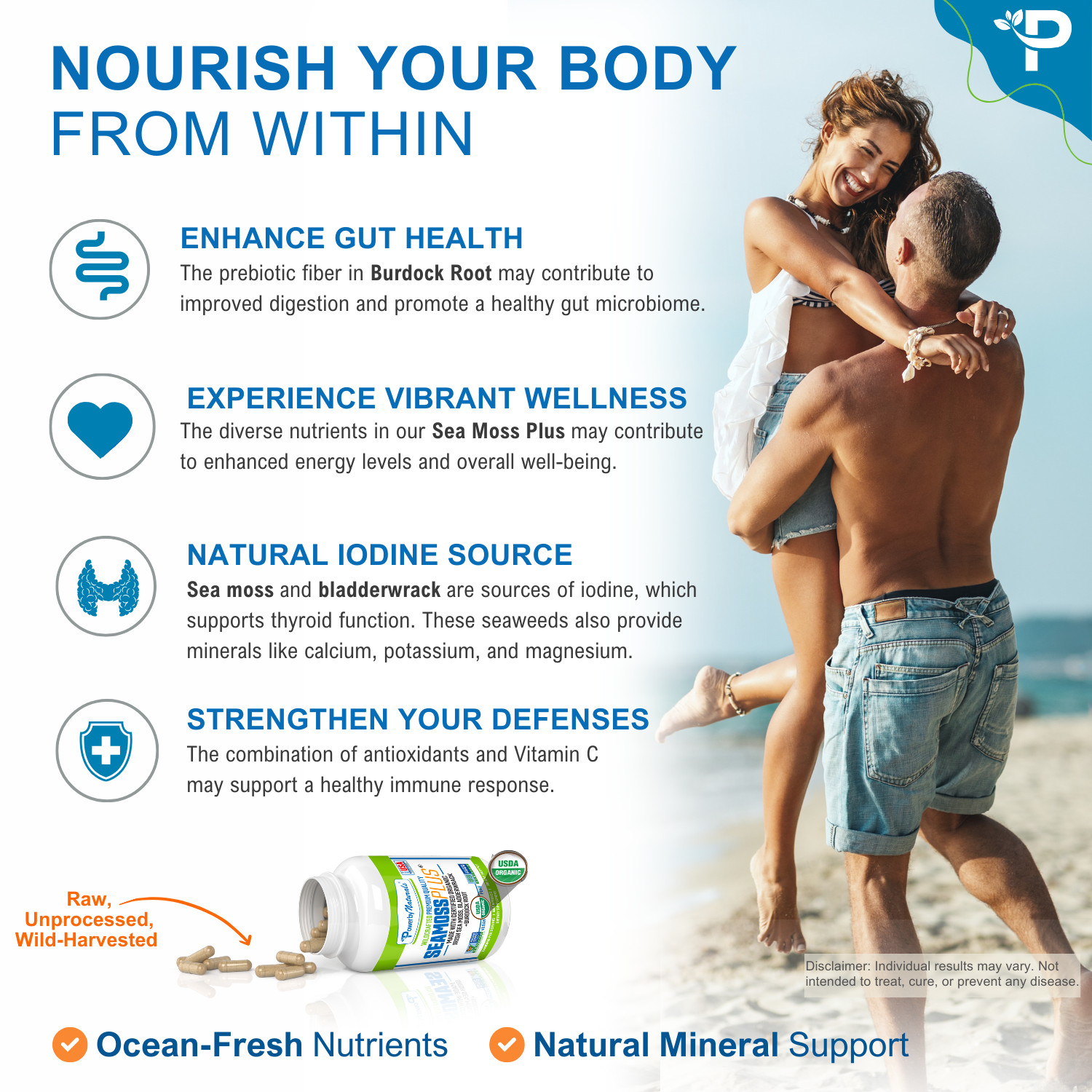 Certified Organic Sea Moss Bladderwrack Burdock Root Capsules | 60 SeaMoss Pills