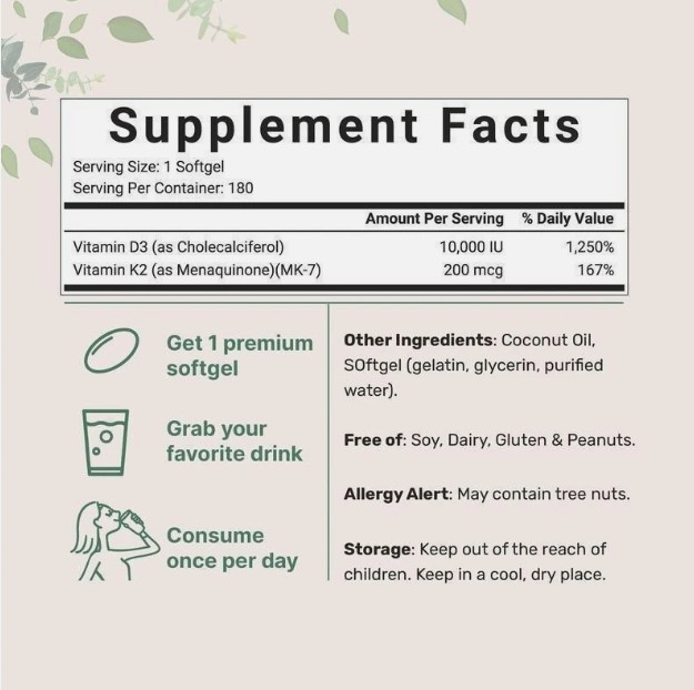Vitamin D3 10000 iu Plus K2 (MK-7) 200 mcg, 300 Virgin Coconut Oil Softgels