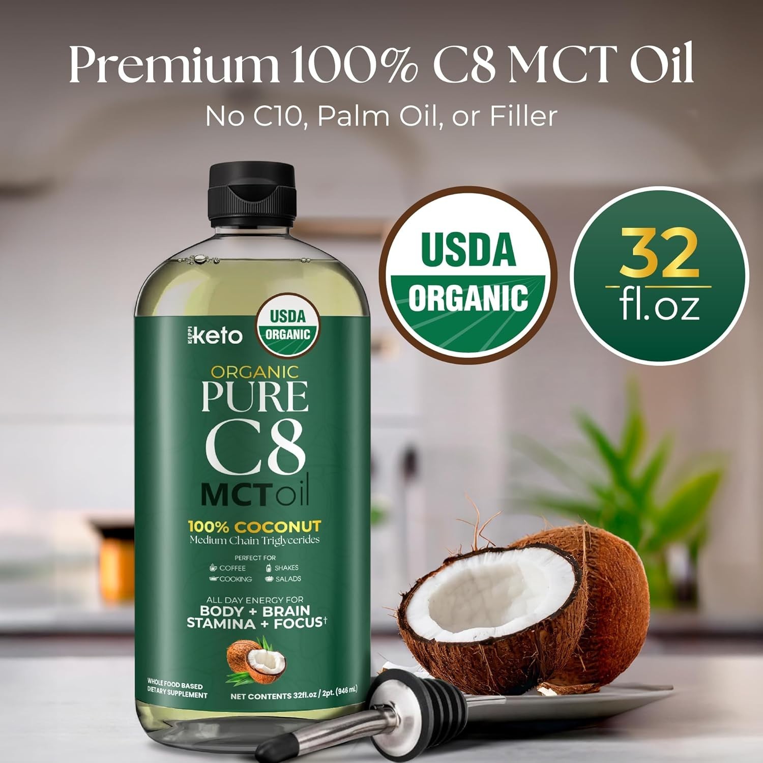 Keto Organic MCT Oil – Flavorless C8, Non-GMO, Certified Gluten-Free, Palm Oi…