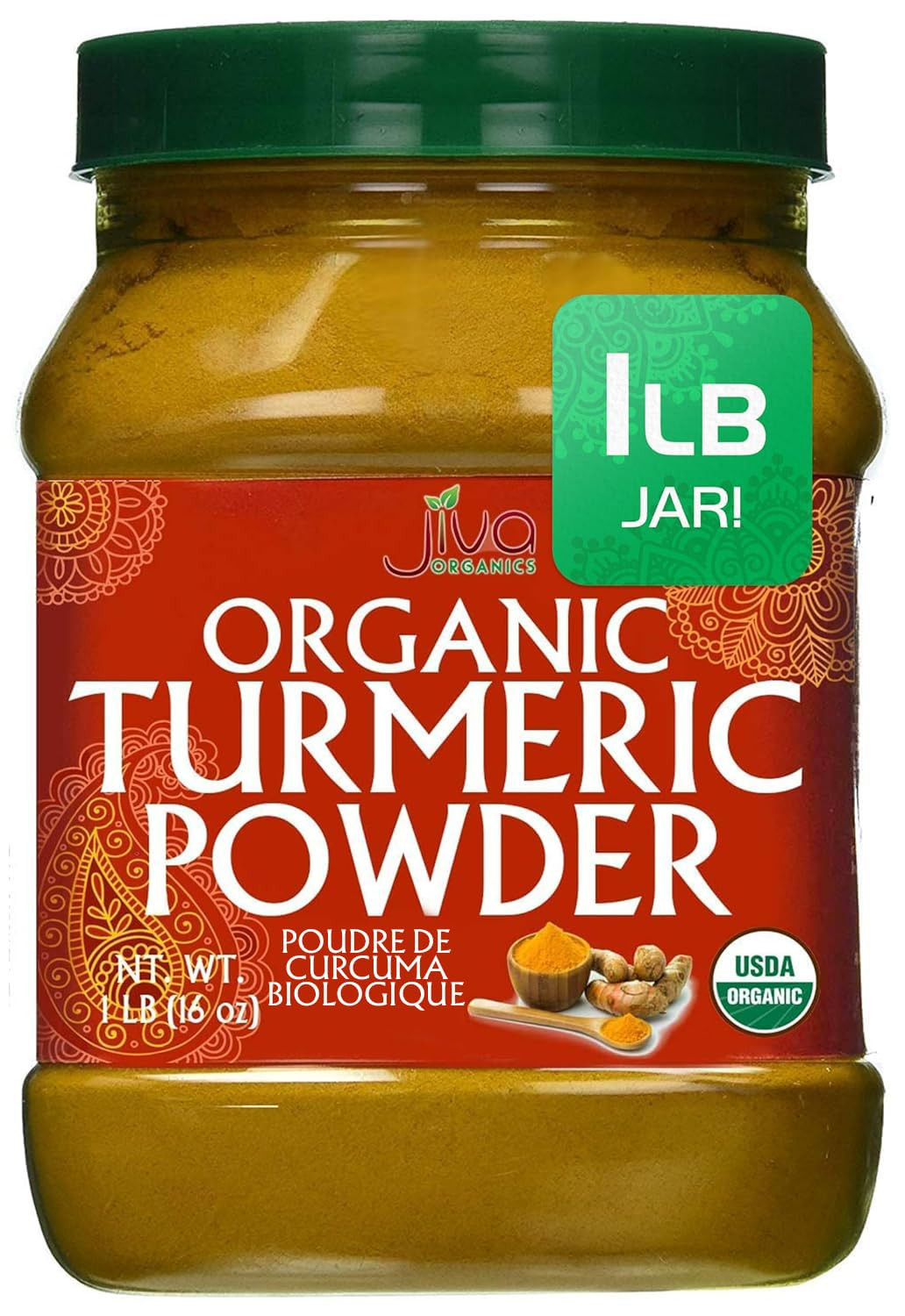 Organic Turmeric Powder 1 Pound Jar by Jiva Organics – 100% Raw with Curcumin –