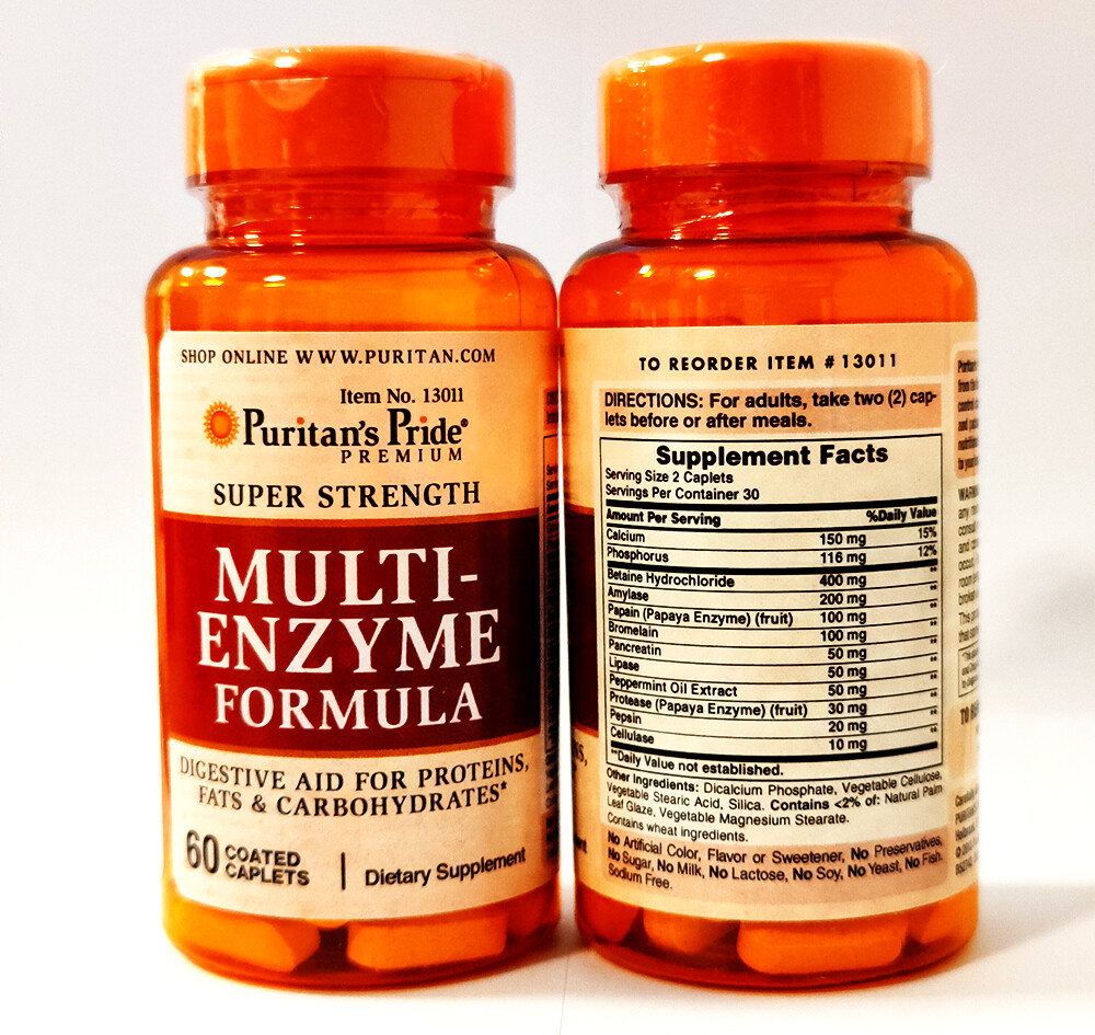 Multi-Enzyme Formula 120 Caplets Digestive Aid for Proteins Fats and Carbs