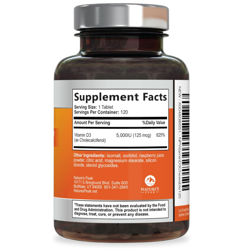 Vitamin D3 5000 IU 125mcg Chewable Tablets Raspberry Immune Bone Health 120 Coun