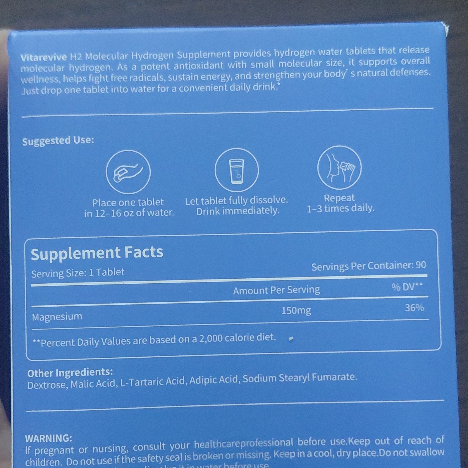 Vitarevive H2 Hydrogen Water Tablets 150mg Magnesium Vegetarian 90ct