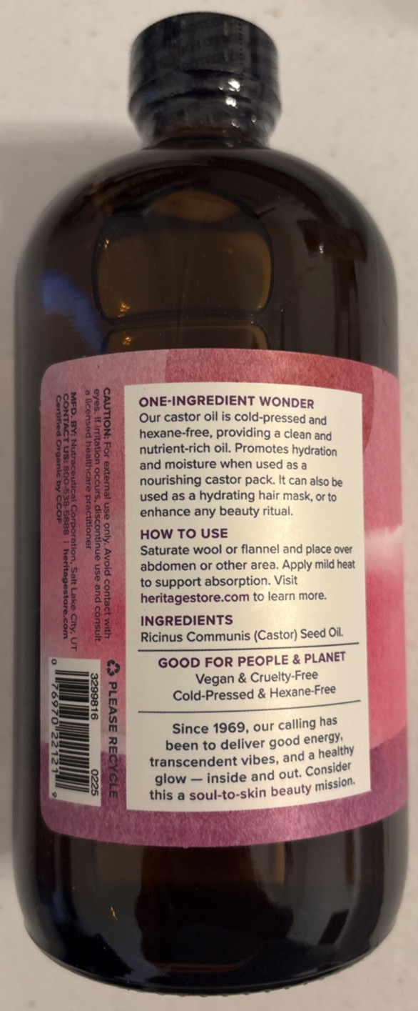 Heritage Store Organic Castor Oil Cold Pressed Vegan 16 oz + Liver Pack