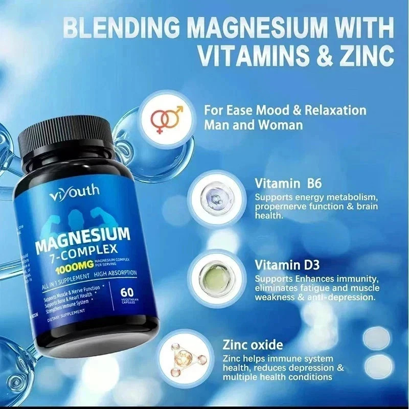 Viyouth 3PCS Magnesium 7 Complex Capsules 60 Count Sleep Support Bone Health