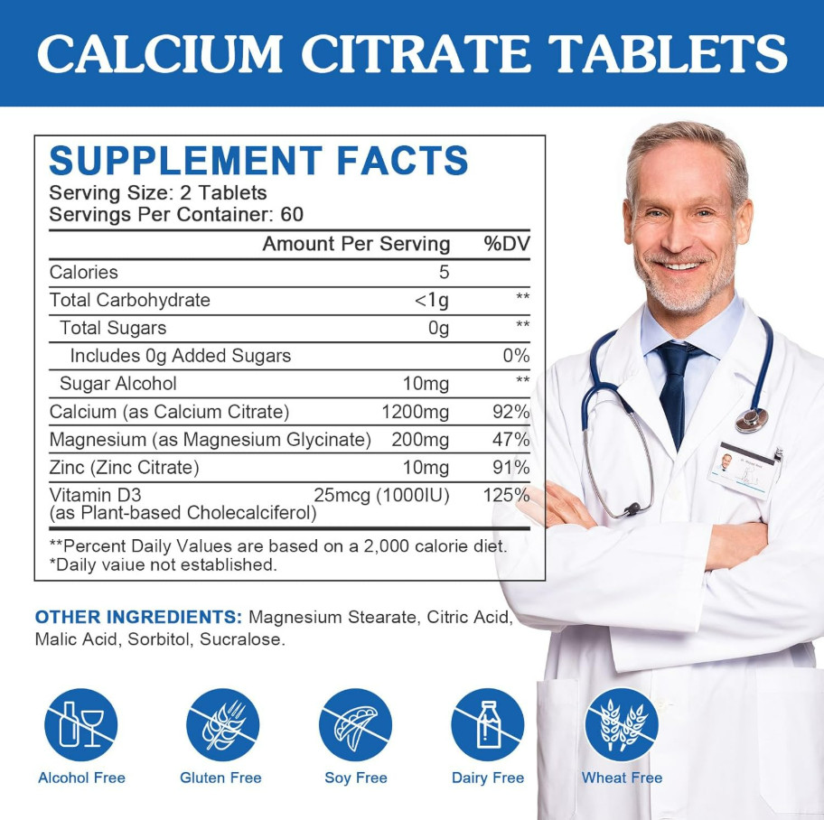 Calcium Citrate 1200mg with D3, Magnesium & Zinc for Bone and Immune Health Aids