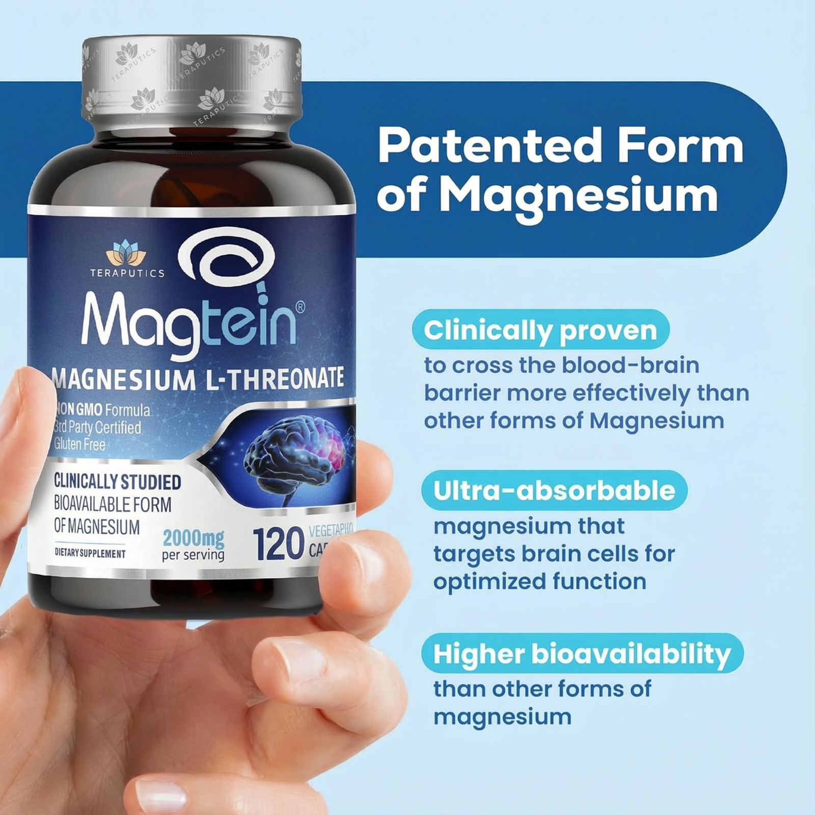 Magnesium L Threonate (Magtein) – 100 Vegan Capsules – Non-GMO UltraPure