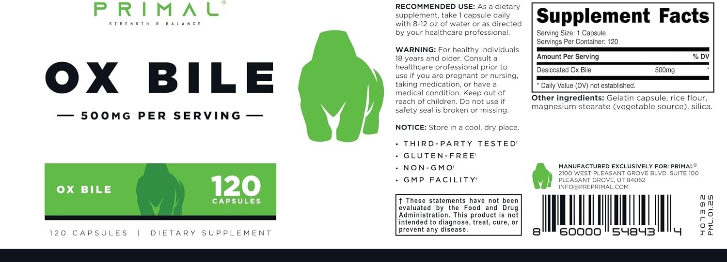 120 Gluten-Free Ox Bile Capsules – Non-GMO Digestive Support Supplement
