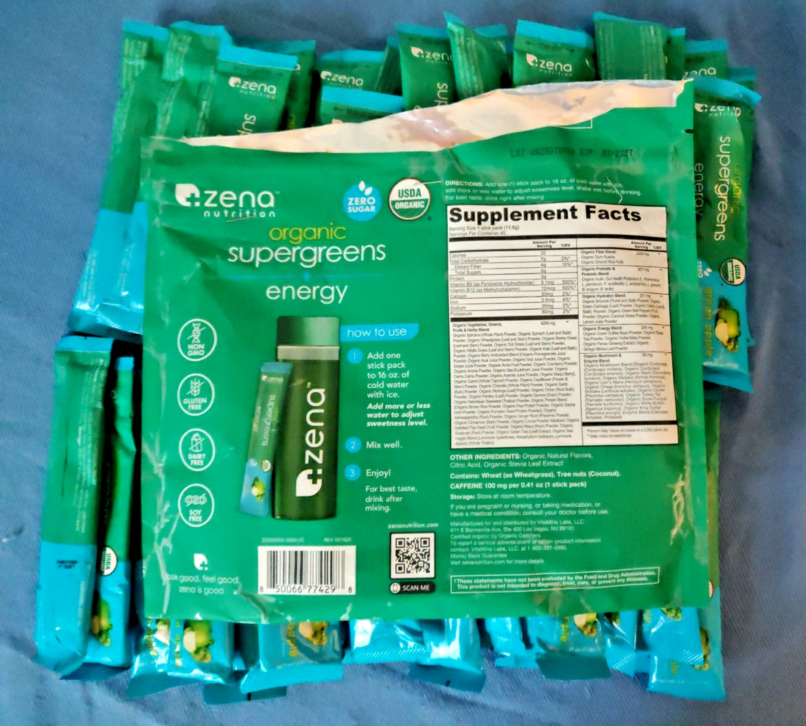 Zena Organic Supergreens Plus Energy Apple 45 Stick Exp: 7/2027 – Open Bag