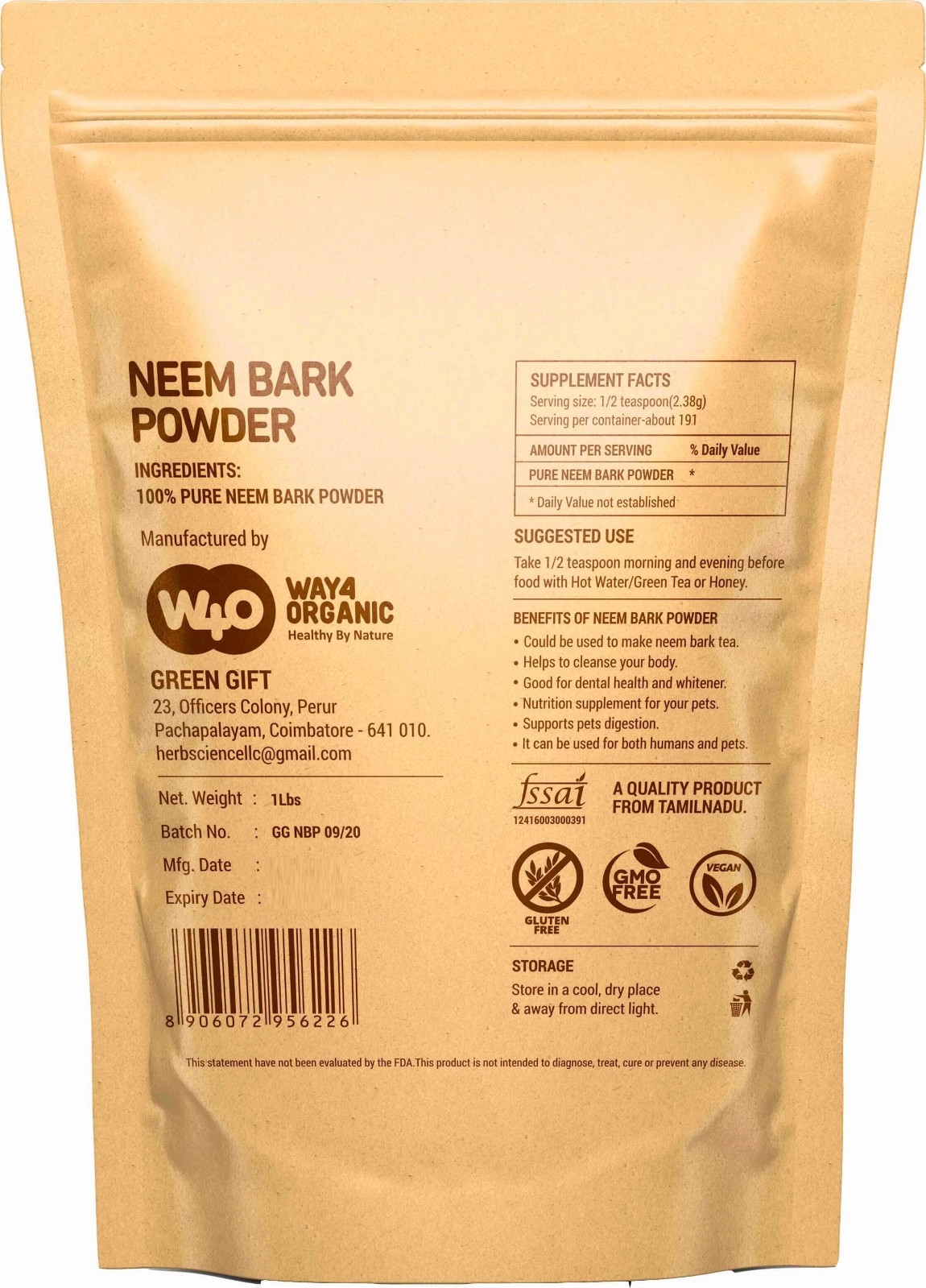 Neem Bark Powder 16 Oz (1 lb) – Dental and Digestion Support (Pack of 2)