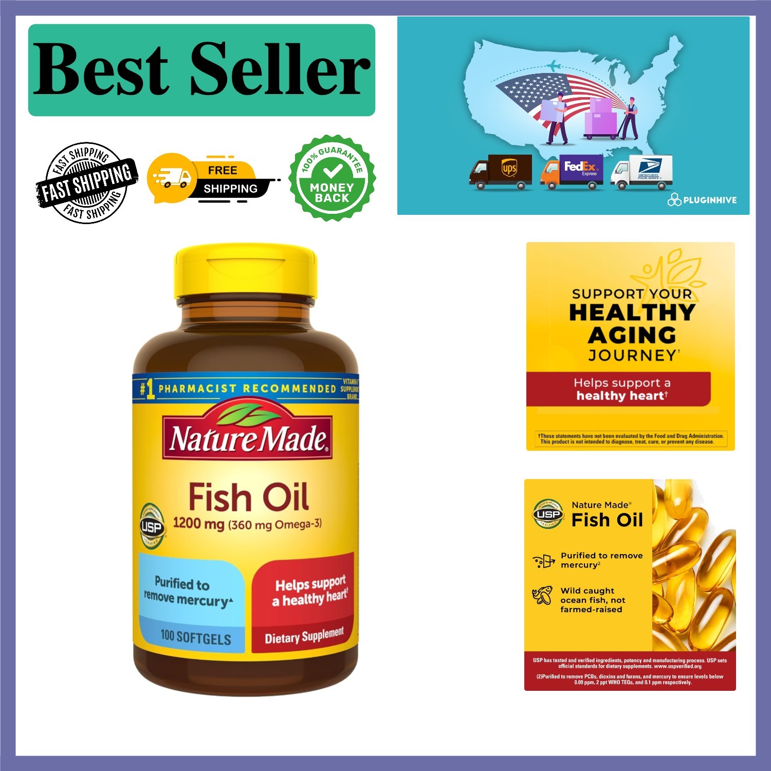 Omega 3 Fish Oil 1200mg Softgels for Daily Heart Support, 50-Day Supply