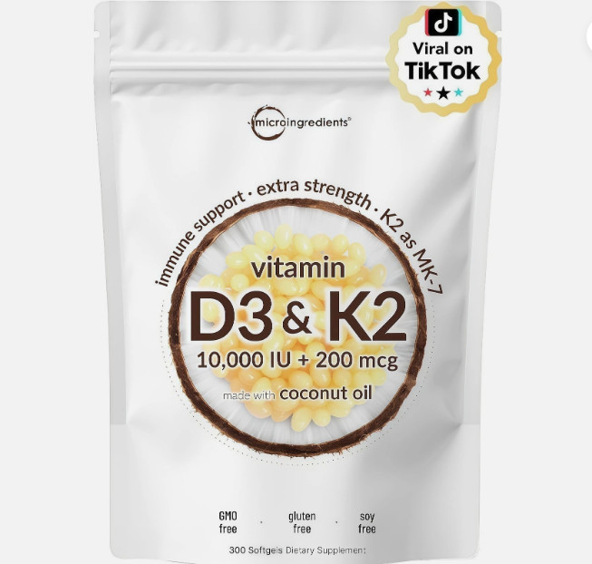 Vitamin D3 10000 iu Plus K2 (MK-7) 200 mcg, 300 Virgin Coconut Oil Softgels