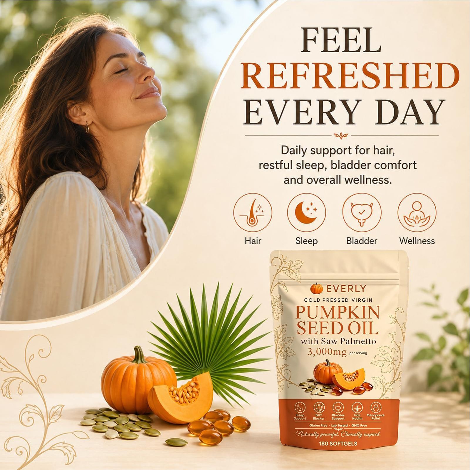 Everly Pumpkin Seed Oil with Saw Palme tto, 180 Softgels, Cold Pressed Pumpkin