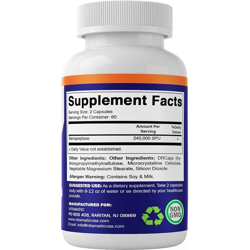 High Potency Serrapeptase 240,000 SPU 120 Veggie Caps Gluten-Free/Vegeterian
