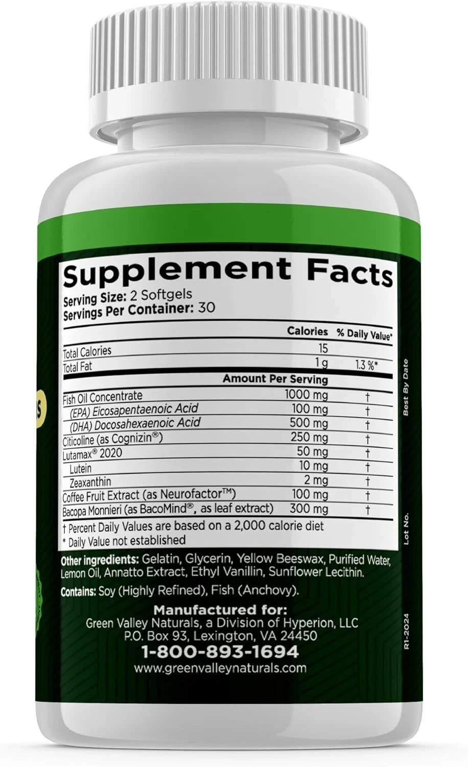 GREEN VALLEY NATURALS Brain Vitality Plus Nootropic for Memory Focus 60ct Ex6/26